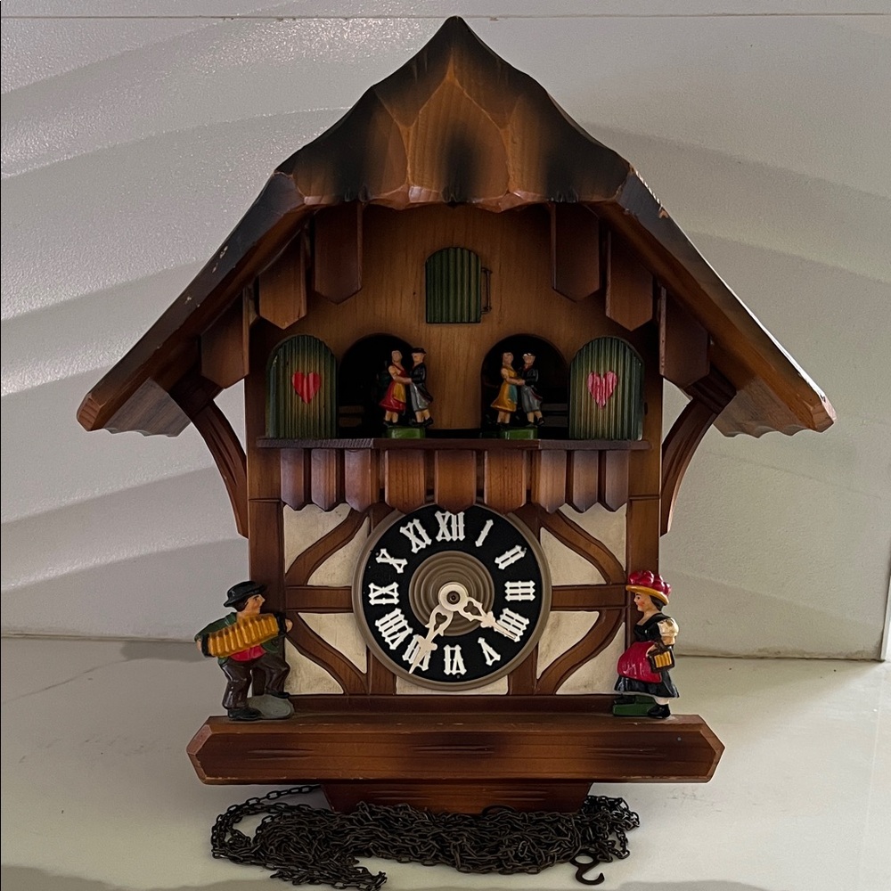 Brown Wooden Chalet Cuckoo Wall Clock with Dancing Figurines